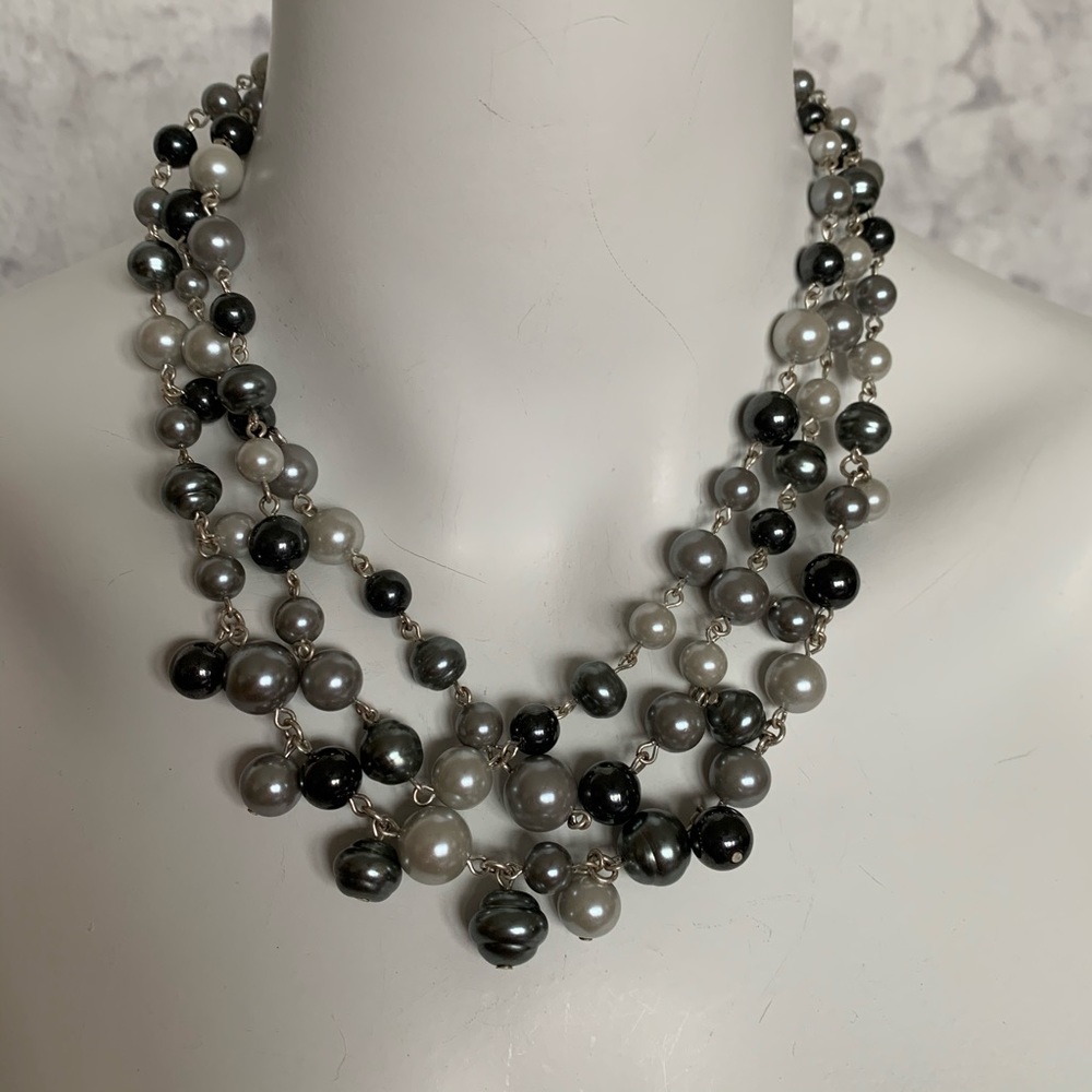 2/$20 Silver Black Pearl Tiered Layered Necklace